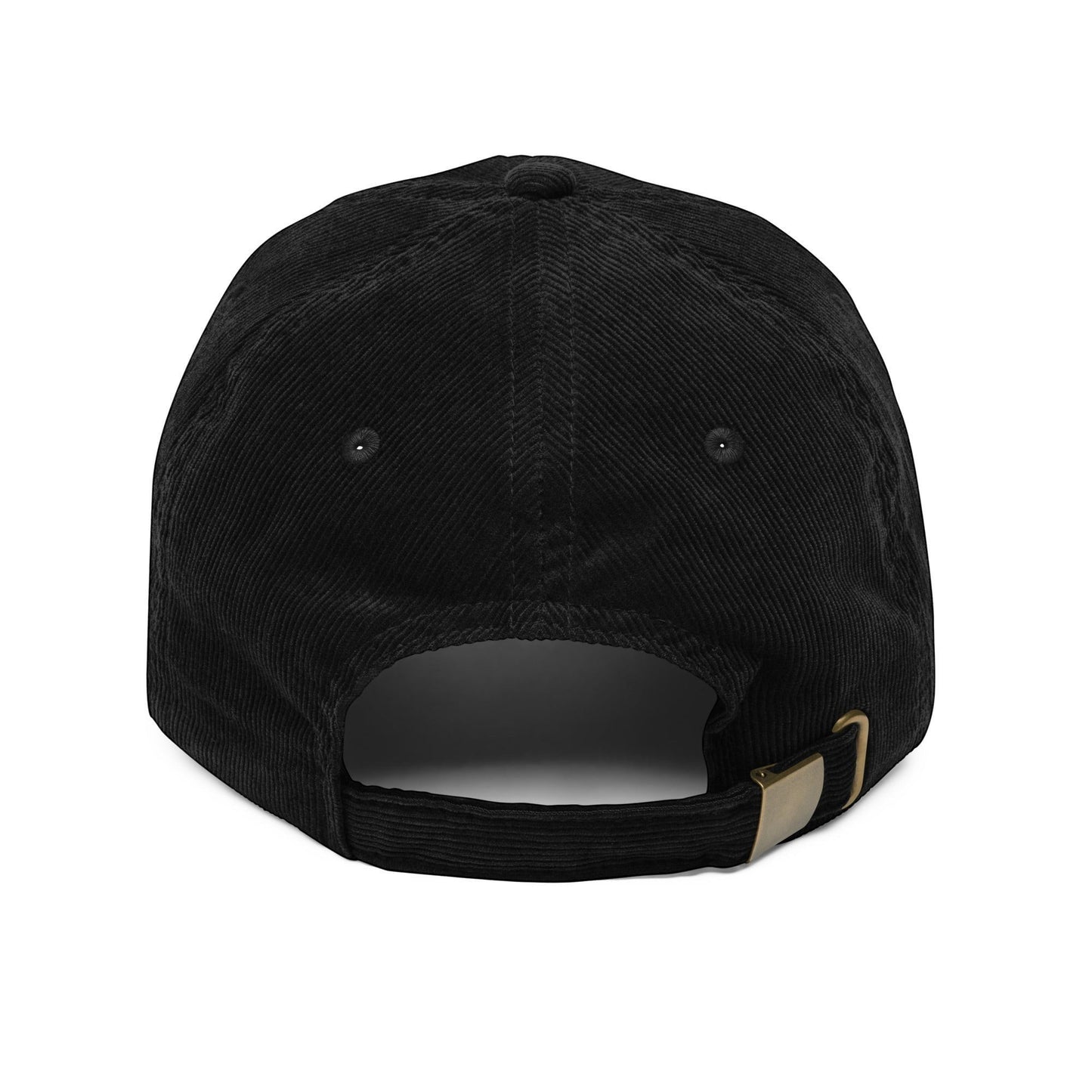 Corporate Headgear black corduroy cap back view with adjustable strap and gold metal buckle