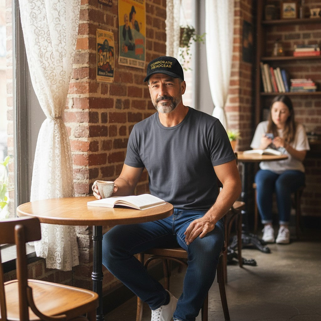 Corporate Headgear black corduroy cap with gold embroidery worn by a man sitting in a cozy brick-walled cafe.