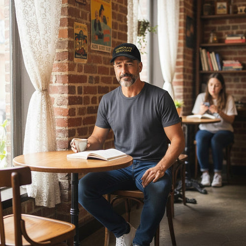 Corporate Headgear black corduroy cap with gold embroidery worn by a man sitting in a cozy brick-walled cafe.