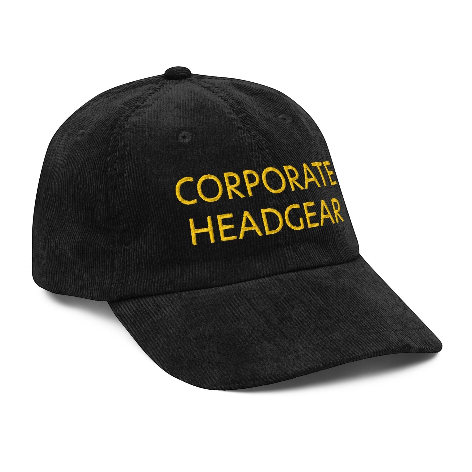 Corporate Headgear black cotton corduroy cap with yellow embroidered text, unstructured 6-panel low-profile design.