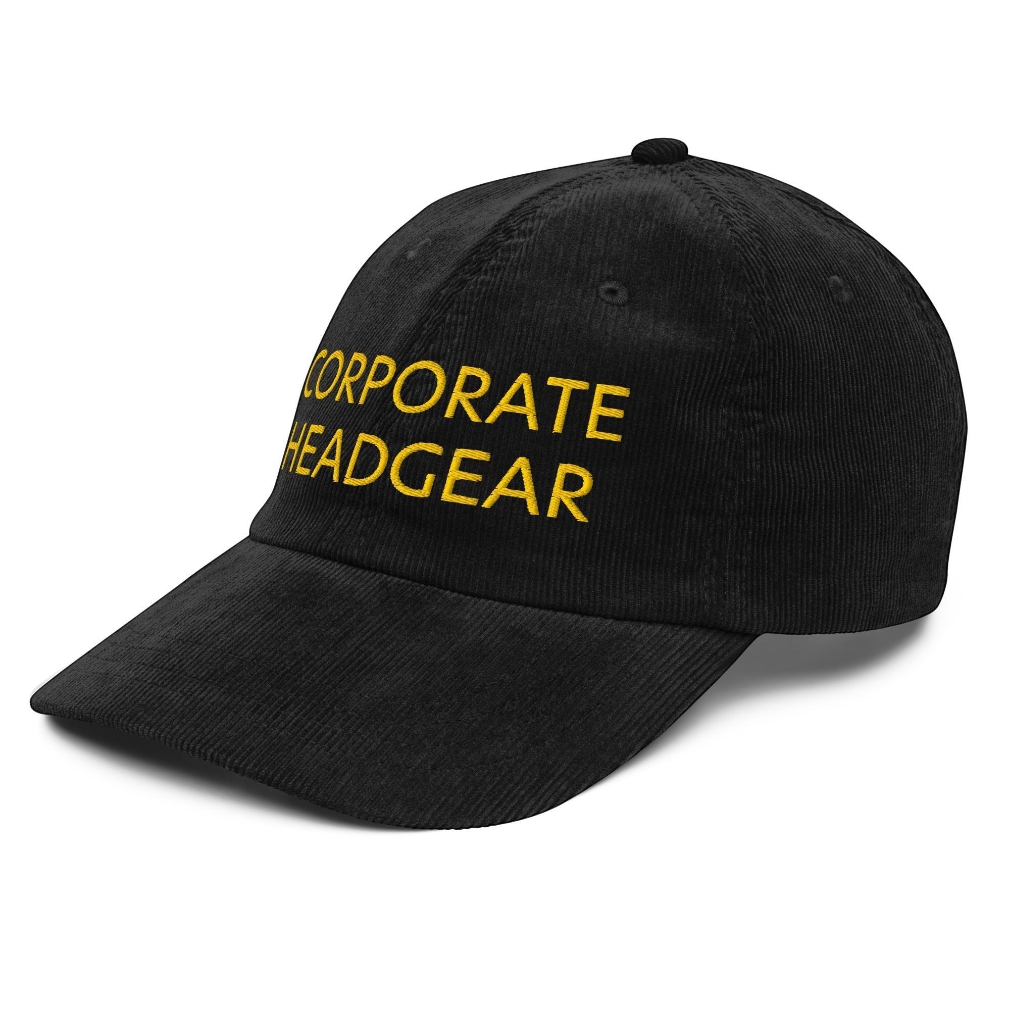 Corporate Headgear black corduroy cap with yellow embroidered text, featuring a 6-panel unstructured design.