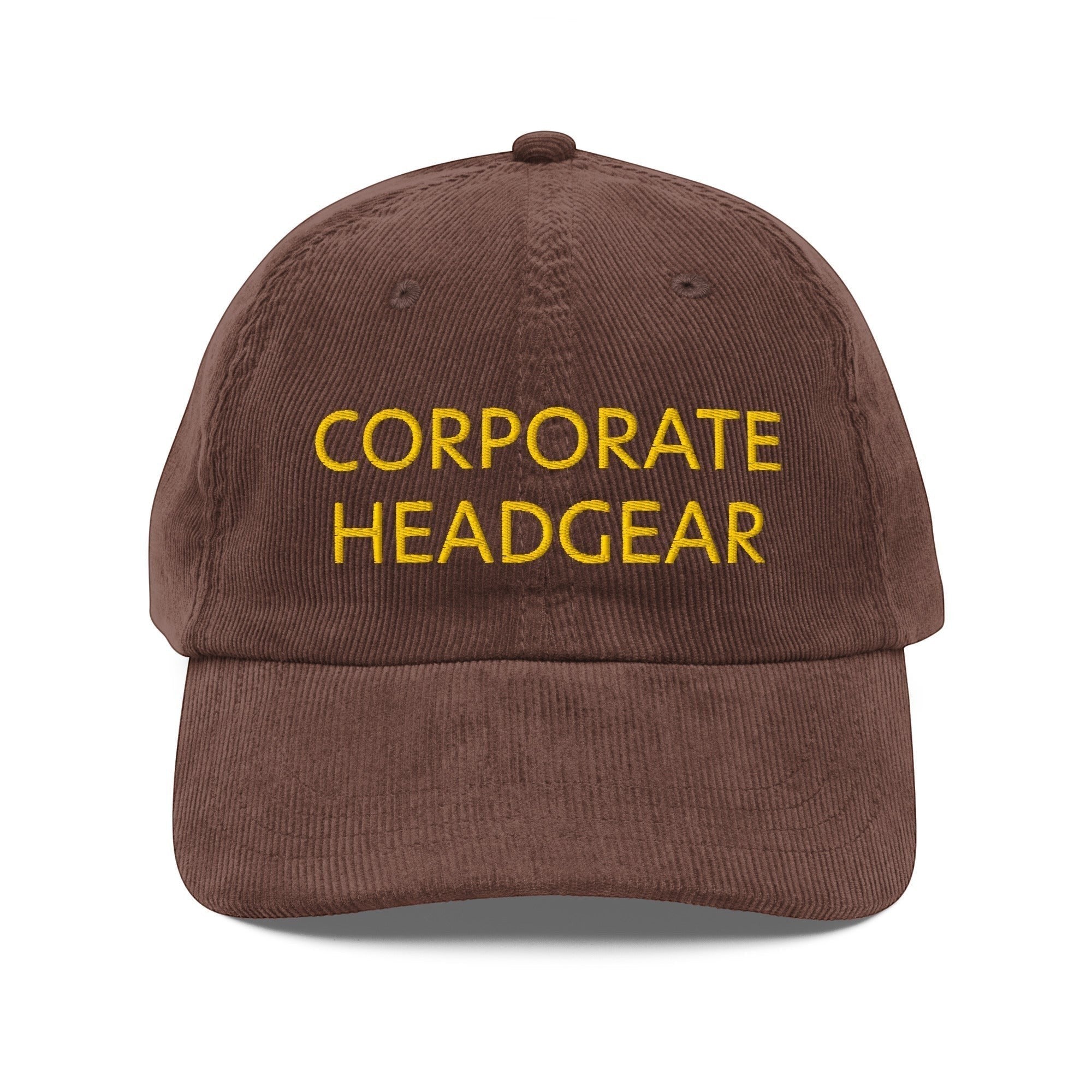 Corporate Headgear brown cotton corduroy unstructured 6-panel cap with yellow embroidered text on the front
