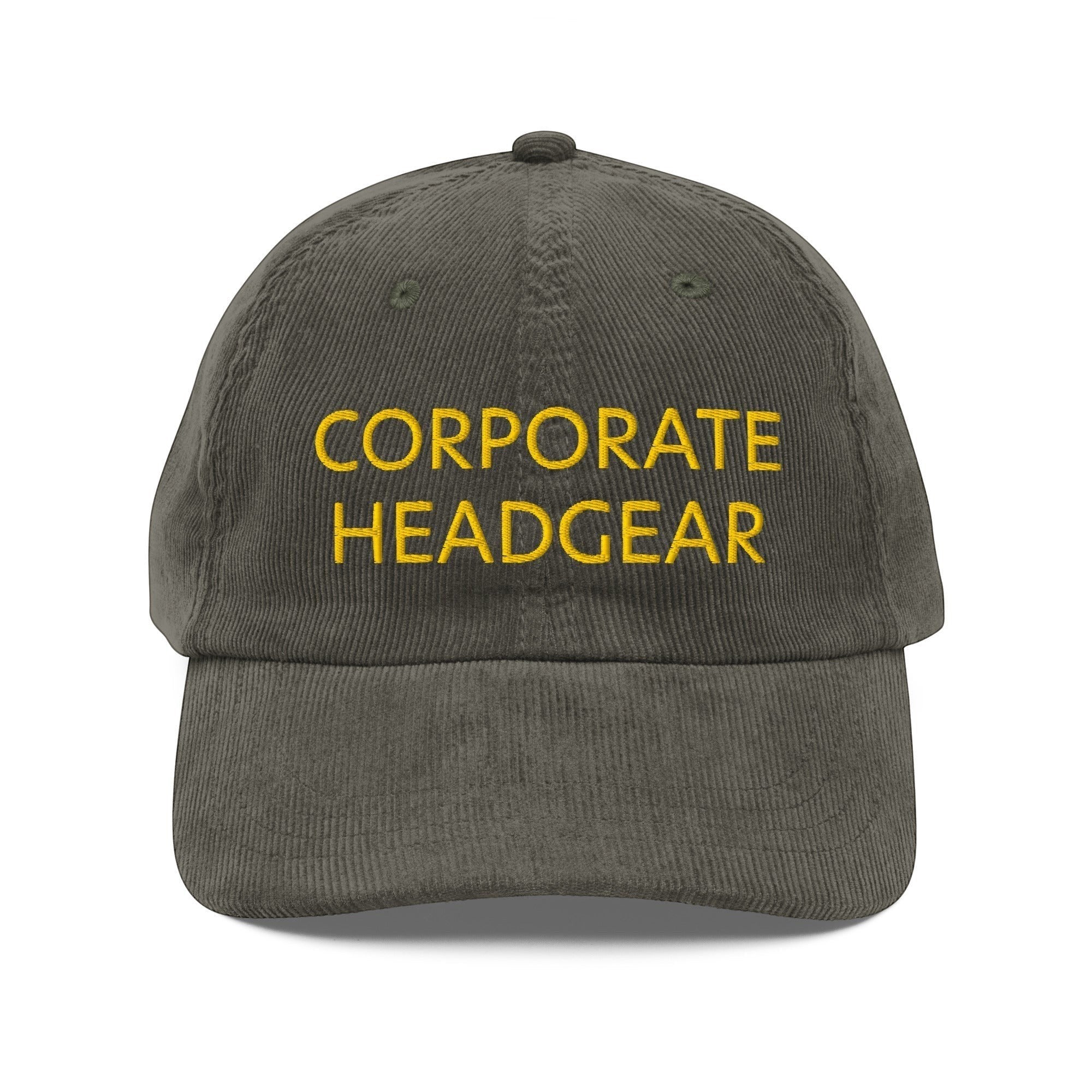 Corporate Headgear dark grey corduroy cap with yellow embroidered text, unstructured 6-panel design.