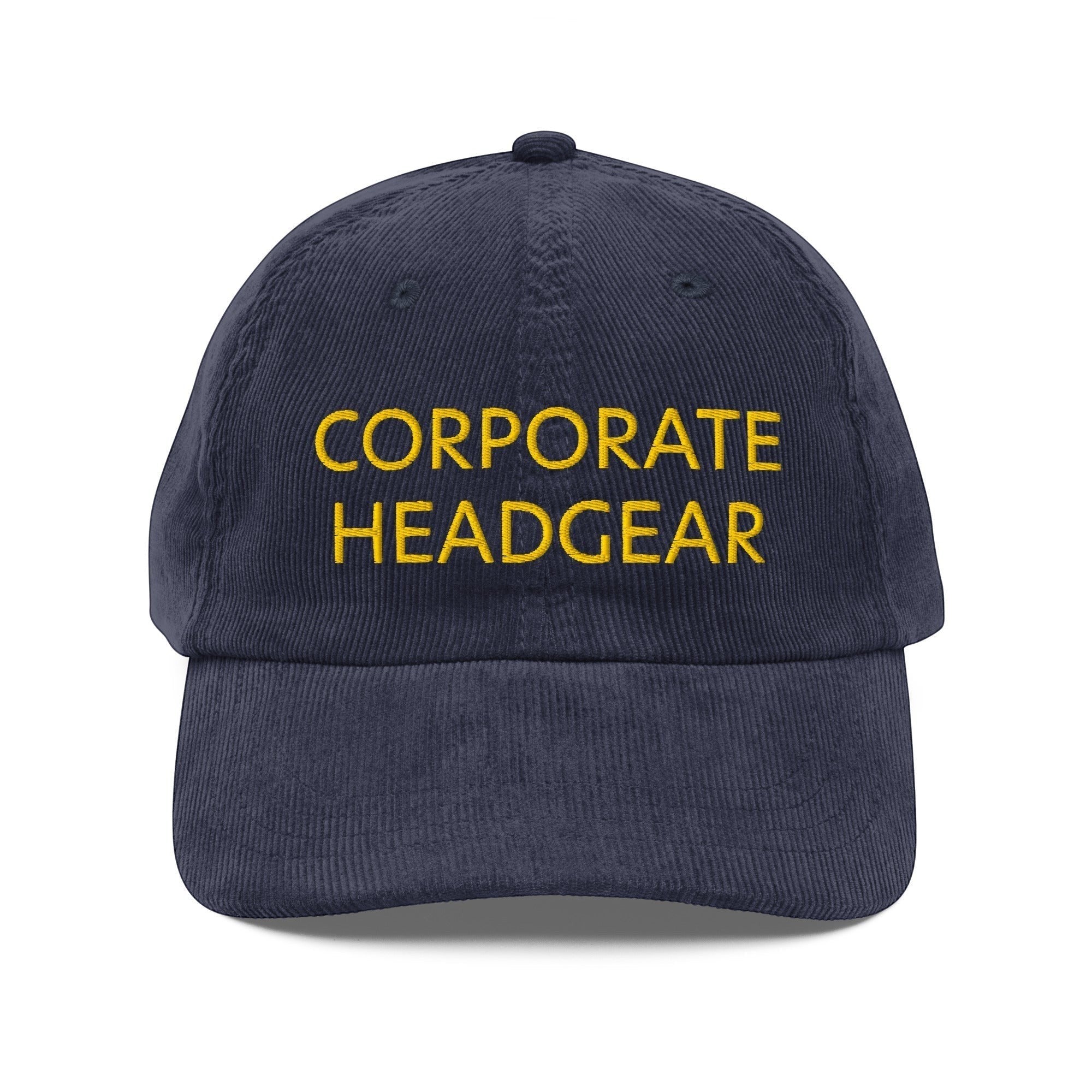 Corporate Headgear navy blue cotton corduroy cap with yellow embroidered text on the front panel