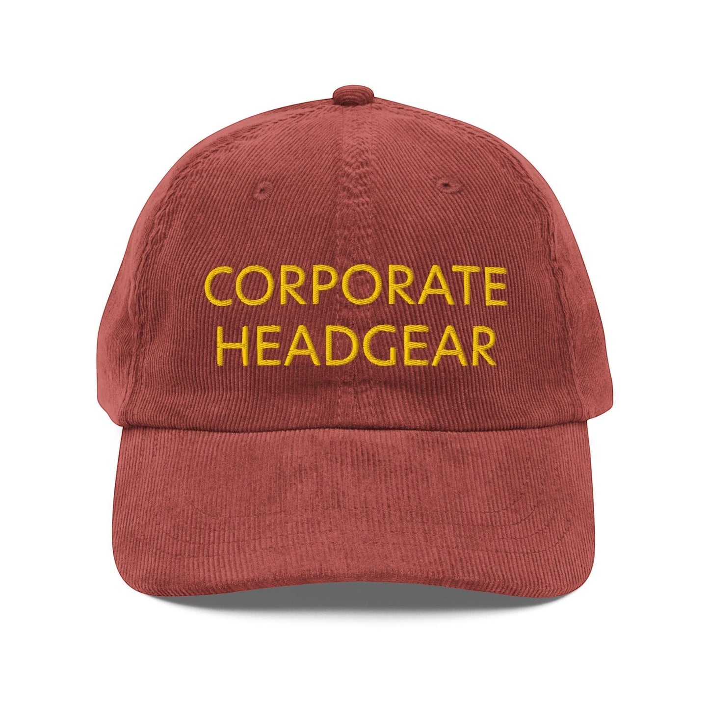 Corporate Headgear unstructured red corduroy cap with yellow embroidered text on the front panel.