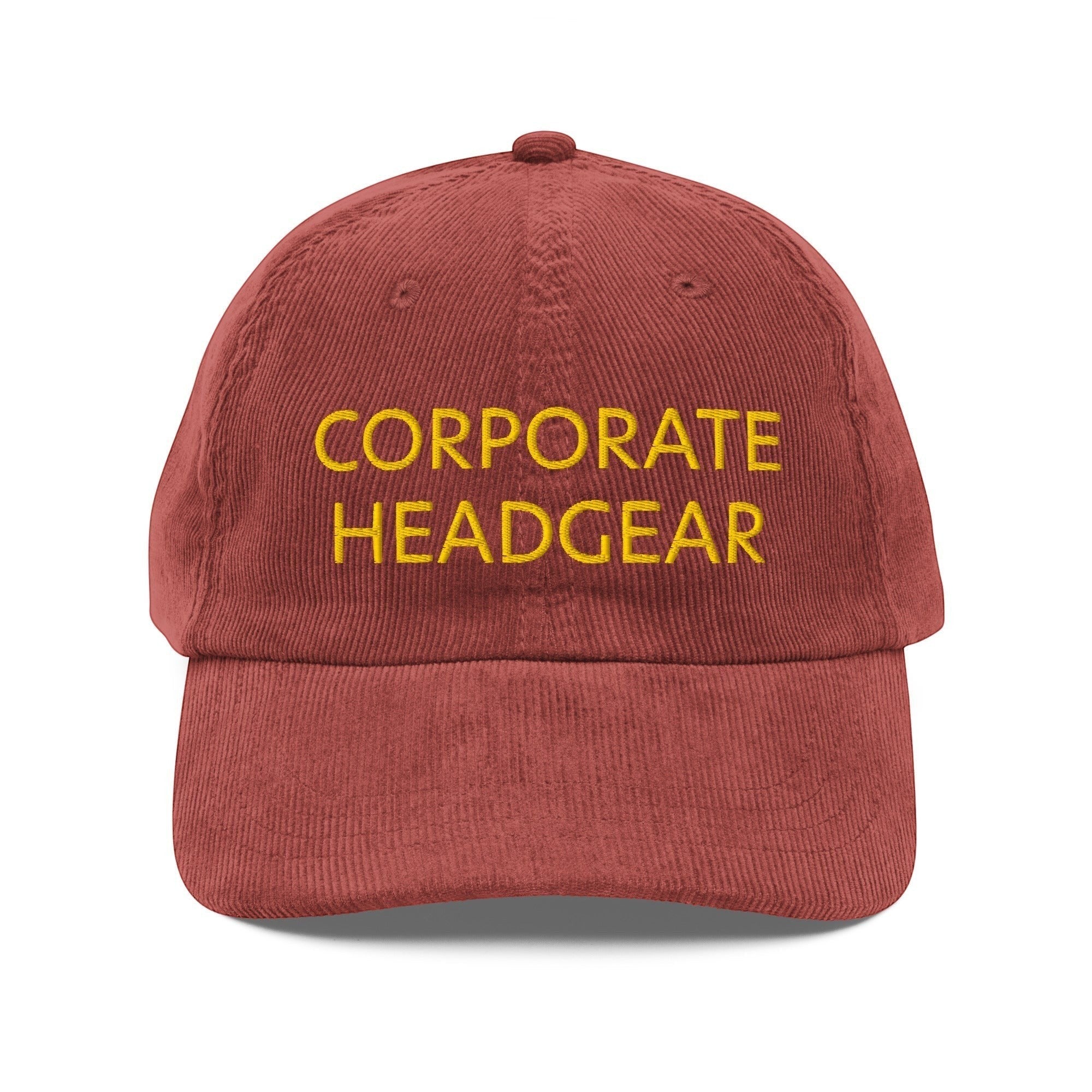 Corporate Headgear unstructured red corduroy cap with yellow embroidered text on the front panel.